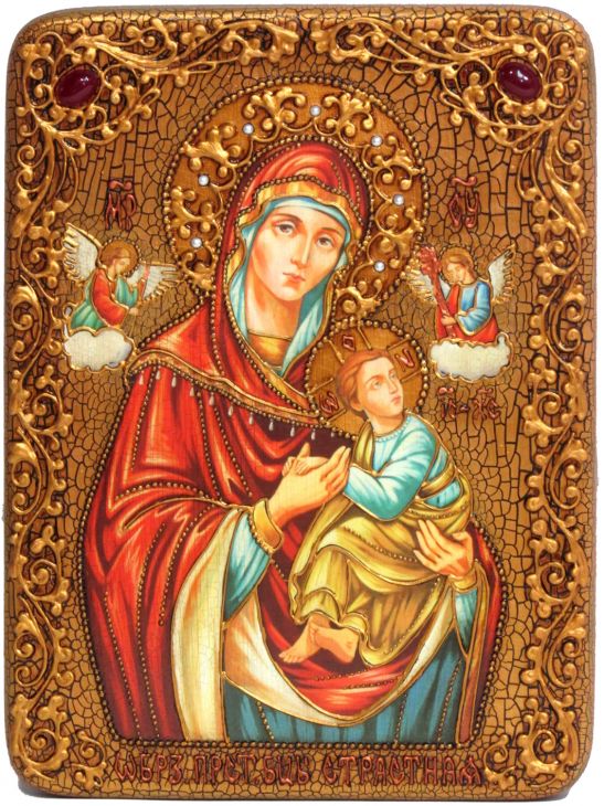 Инкрустированная подарочная икона Образ Пресвятой Богородицы «Страстная» (21*29 см, Россия) на натуральном мореном дубе в подарочной коробке