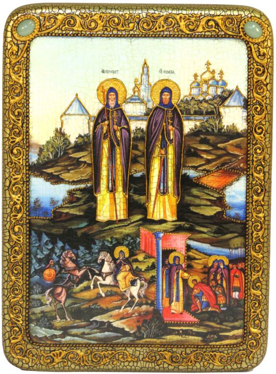 Инкрустированная подарочная икона Святые преподобные Александр (Пересвет) и Андрей (Ослябя) Радонежские (21*29 см, Россия) на натуральном мореном дубе в подарочной коробке
