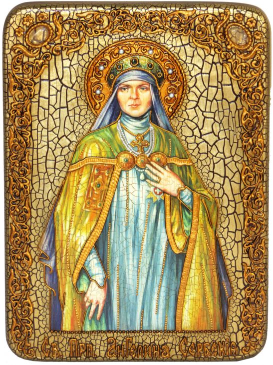 Инкрустированная подарочная икона Святая преподобная Ангелина Сербская (21*29 см, Россия) на натуральном мореном дубе в подарочной коробке