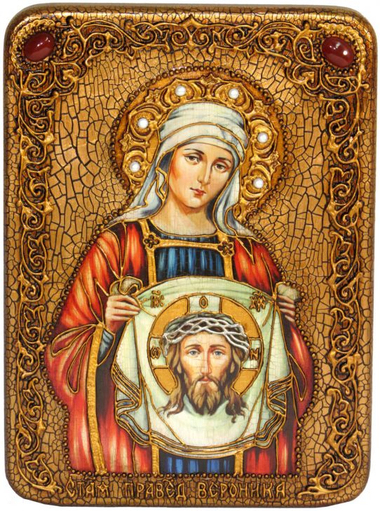 Инкрустированная подарочная икона Святая Праведная Вероника Кровоточивая (21*29 см, Россия) на натуральном мореном дубе в подарочной коробке