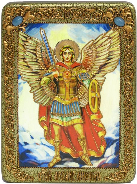 Инкрустированная подарочная икона Архангел Михаил (21*29 см, Россия) на натуральном мореном дубе в подарочной коробке