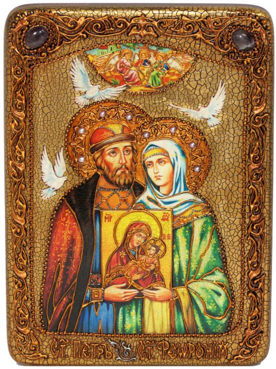 Инкрустированная подарочная икона Петр и Февронья (21*29 см, Россия) на натуральном мореном дубе в подарочной коробке