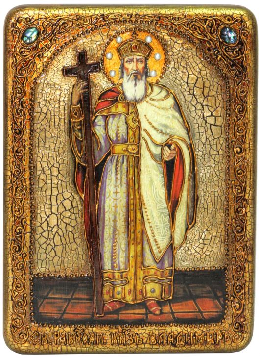 Инкрустированная подарочная икона Святой равноапостольный князь Владимир (21*29 см, Россия) на натуральном мореном дубе в подарочной коробке