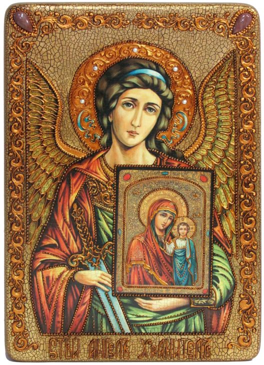 Инкрустированная большая икона Ангел Хранитель (29*42 см, Россия) на натуральном мореном дубе в подарочной коробке