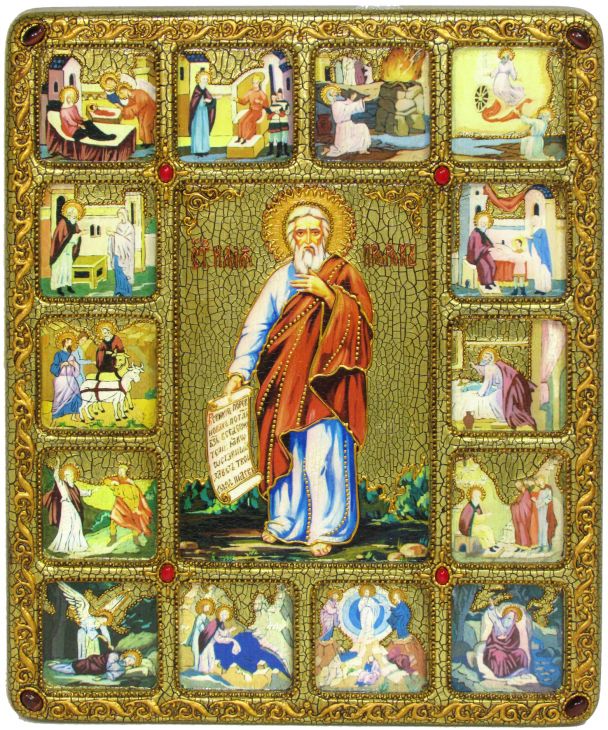 Инкрустированная большая икона Пророк Илия Фесфитянин с житийными клеймами (30*37 см, Россия) на натуральном мореном дубе в подарочной коробке