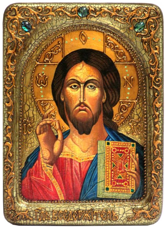 Инкрустированная живописная икона Господь Вседержитель (21*29 см, Россия) на натуральном кипарисе в подарочной коробке