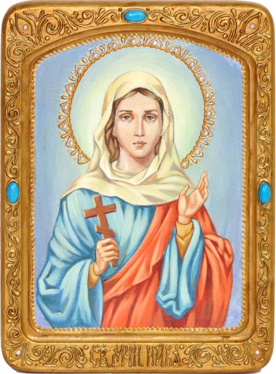 Инкрустированная живописная икона Святая мученица Ника Коринфская (21*29 см, Россия) на натуральном кипарисе в подарочной коробке