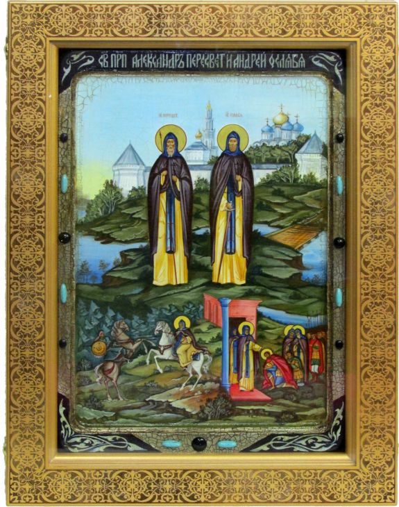 Инкрустированная живописная икона Святые преподобные Александр (Пересвет) и Андрей (Ослябя) Радонежские (29*42 см, Россия) на натуральном кипарисе в подарочной коробке