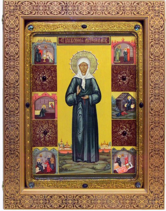 Инкрустированная живописная икона Блаженная старица Матрона Московская (29*42 см, Россия) на натуральном кипарисе в подарочной коробке