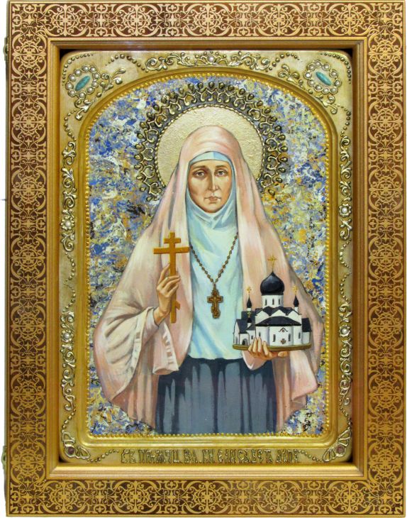 Инкрустированная живописная икона Святая преподобномученица великая княгиня Елисавета (29*42 см, Россия) на натуральном кипарисе в подарочной коробке