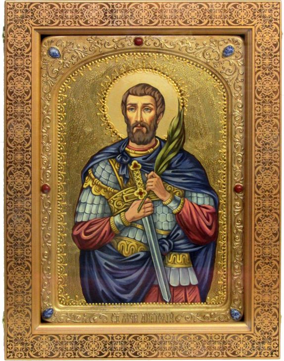 Инкрустированная живописная икона Святой мученик Анатолий Никомидийский (29*42 см, Россия) на натуральном кипарисе в подарочной коробке