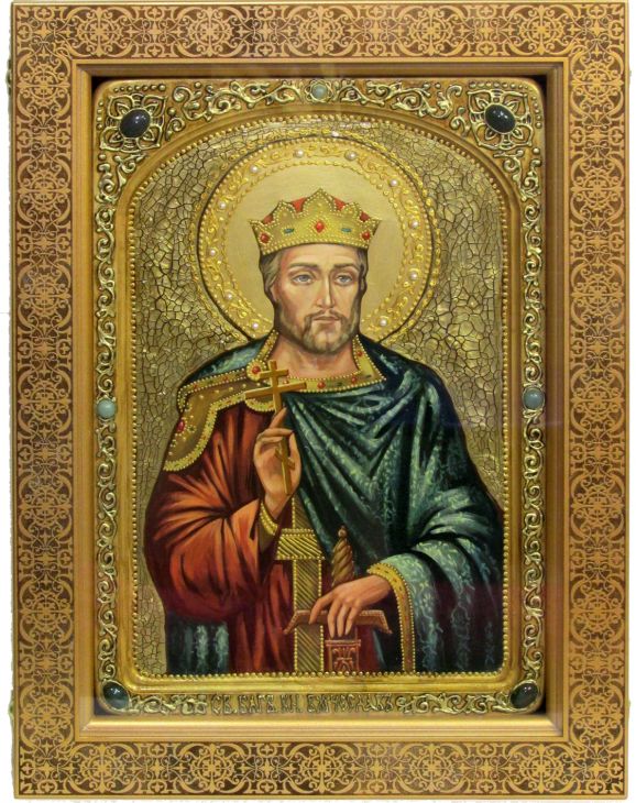Инкрустированная живописная икона Святой Благоверный князь Вячеслав Чешский (29*42 см, Россия) на натуральном кипарисе в подарочной коробке