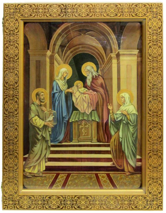 Инкрустированная живописная икона Сретение Господа нашего Иисуса Христа (29*42 см, Россия) на натуральном кипарисе в подарочной коробке