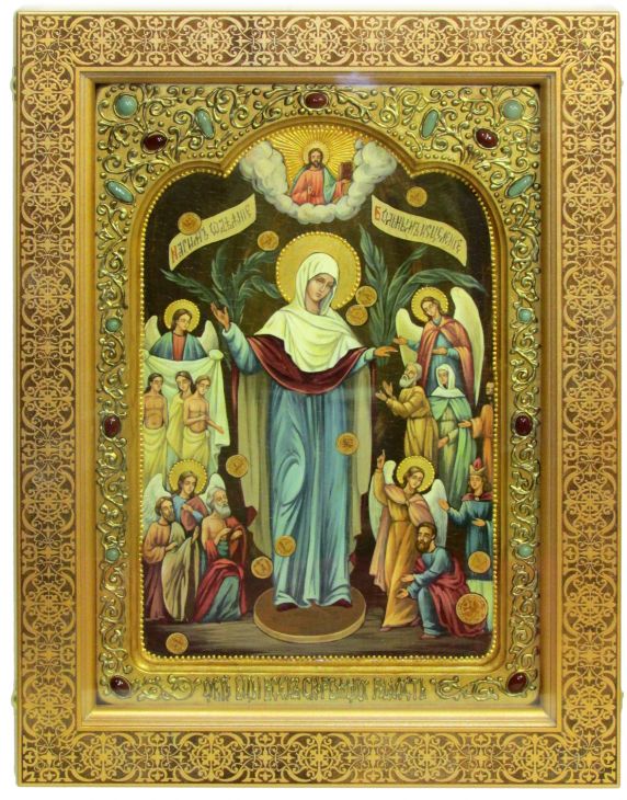 Инкрустированная живописная икона Образ Божией Матери «Всех Скорбящих Радость с грошиками» (29*42 см, Россия) на натуральном кипарисе в подарочной коробке