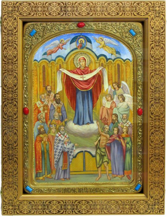 Инкрустированная живописная икона Образ Божией Матери "Покров" (29*42 см, Россия) на натуральном кипарисе в подарочной коробке