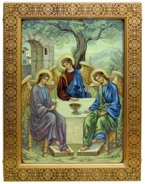 Инкрустированная живописная икона Троица (29*42 см, Россия) на натуральном кипарисе в подарочной коробке