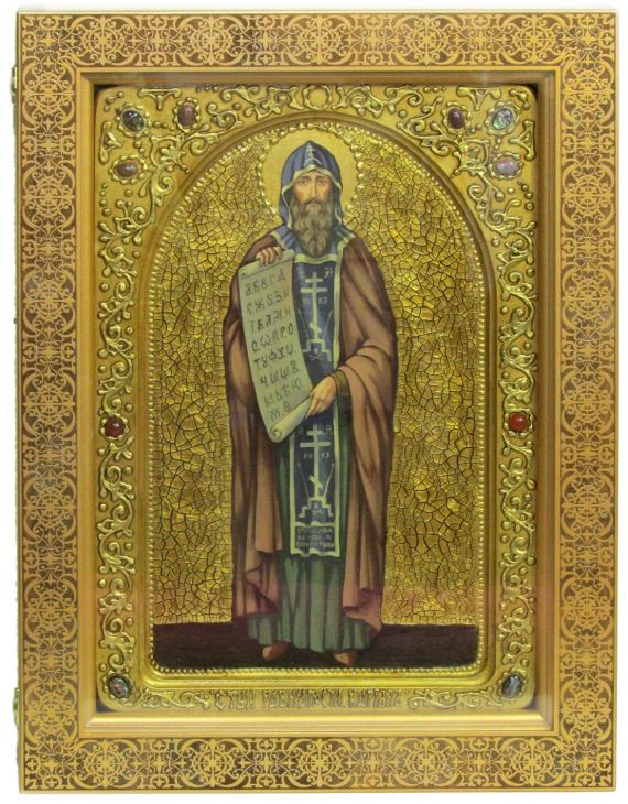 Инкрустированная живописная икона Святой равноапостольный Кирилл Философ (29*42 см, Россия) на натуральном кипарисе в подарочной коробке