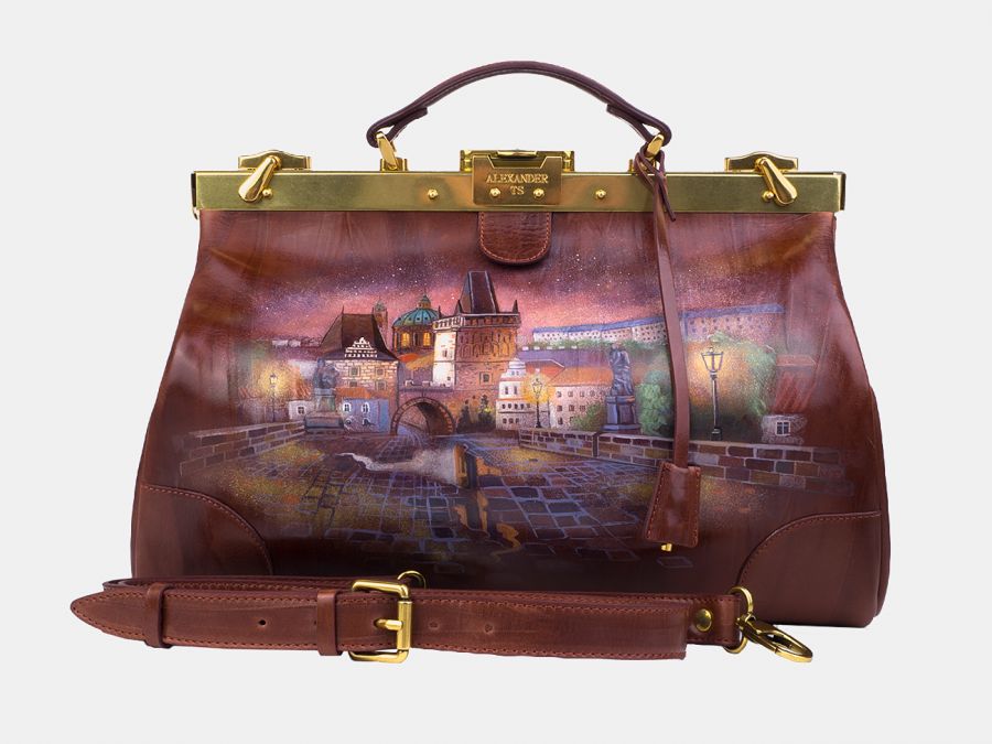 Кожаный саквояж с росписью Alexander-TS "SW16 Cognac Прага"