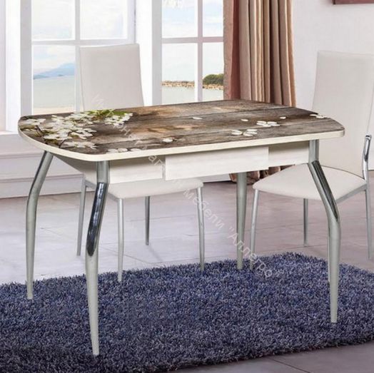 Стол со стеклом "Грация" с ящиком (Беленый дуб/Фотопечать Ветка черемухи)