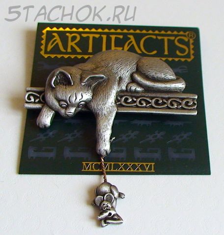 Брошь "Кошка и сердитая мышка" цвет олова (JJ США)