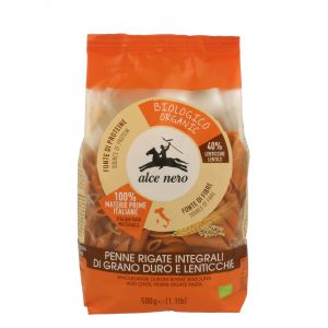 Макароны Пенне Ригате из цельной пшеницы и чечевицы Alce Nero S Penne Rigate Integrali di grano duro e lenticchie Biologici - 500 г (Италия)