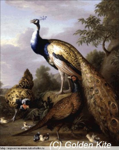 1877 Peacock,Hen and a Landscape