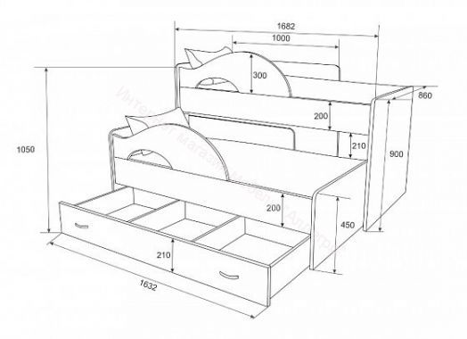 Кровать "Радуга" выкатная 1.9 на щитах с ящиком  Млечный дуб, Ирис