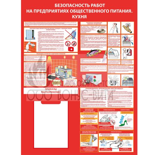 Стенд "Безопасность работ на предприятиях общественного питания. Кухня (Пластик 1000 x 750 х 3)"