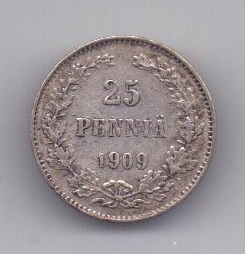 25 пенни 1909 года AUNC Редкий год Российская империя