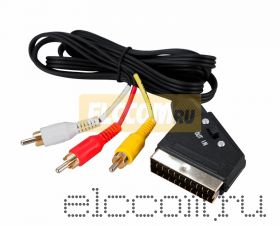 Шнур SCART Plug - 3RCA Plug с переключателем 1.5М (GOLD) (плоский провод) REXANT