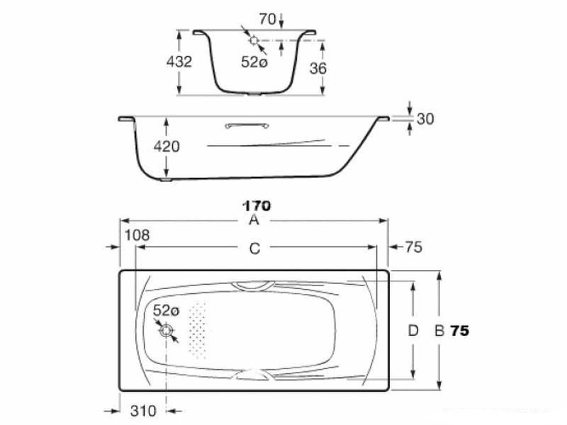 Стальная ванна Roca Swing 2201E0000 170x75 с отверстиями для ручек схема 2