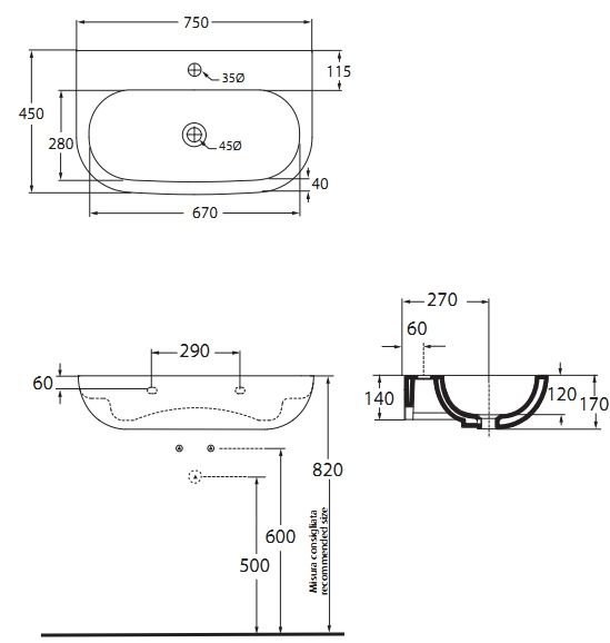 Раковина Azzurra Nuvola NULS07545T0M/(NUV200/75 bi*1) 75 x 45 схема 1