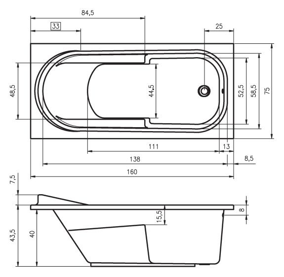 Riho ванна Columbia 160 х 75 см BA01 схема 5