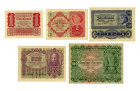 НАБОР АВСТРИЯ 1922 год 1,2,10,20,100 крон. Состояние VF++ (очень хорошее)