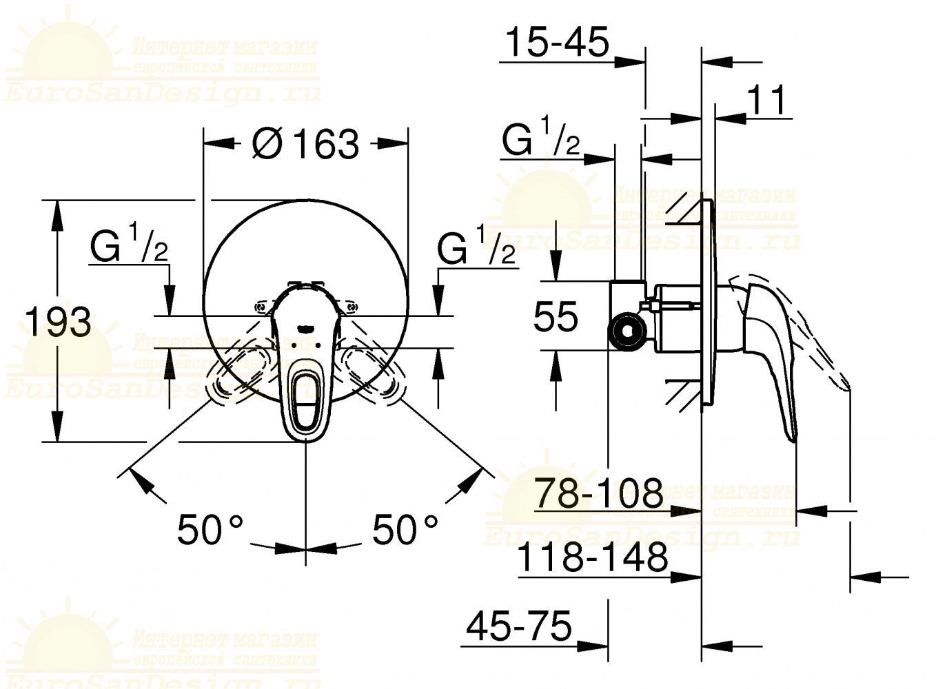 Смеситель Grohe Eurostyle для душа встраиваемый 33635003 схема 2