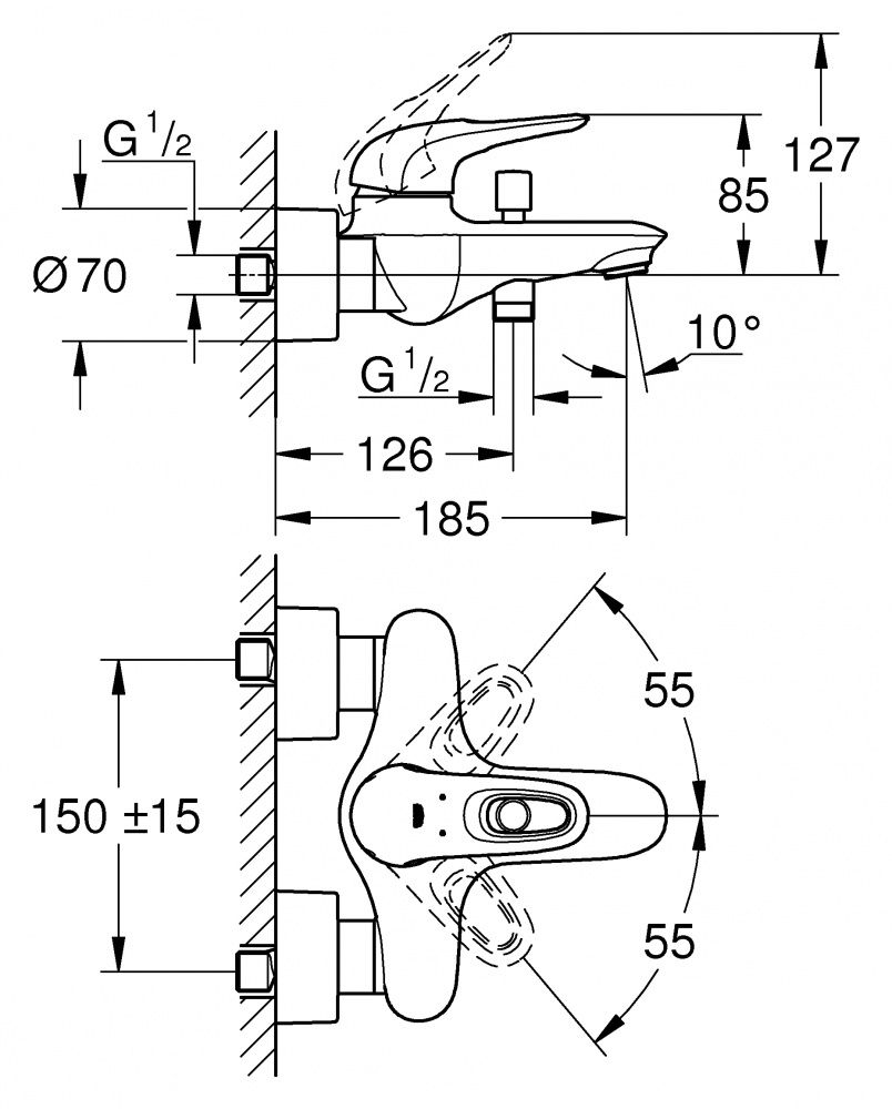 Смеситель Grohe Eurostyle для ванны и душа 33591003 схема 2