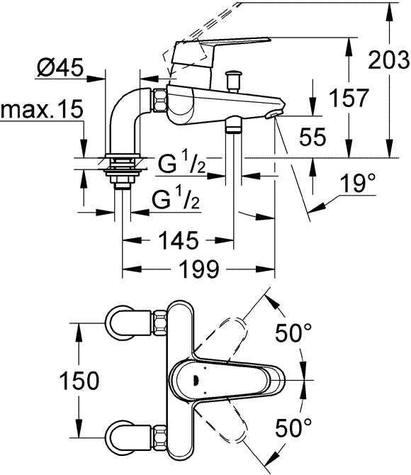 Смеситель Grohe Eurodisc Cosmopolitan для ванны и душа 33392002 схема 2