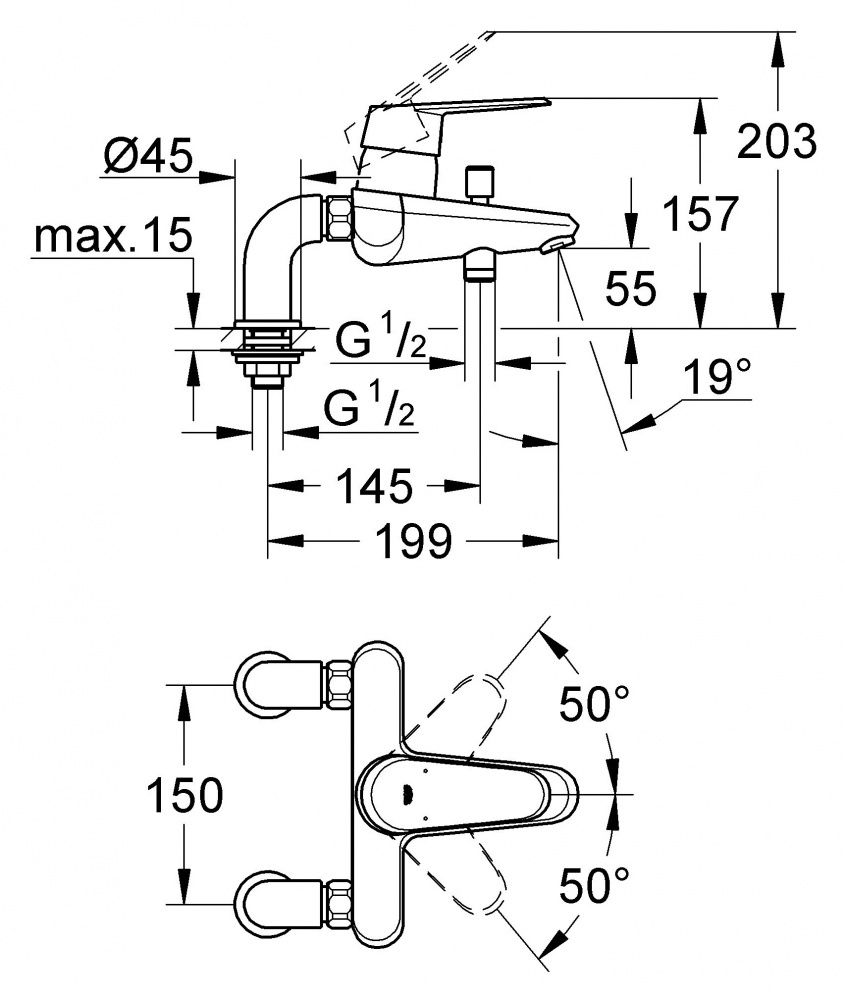 Смеситель Grohe Eurodisc Cosmopolitan для ванны и душа 33392002 схема 3