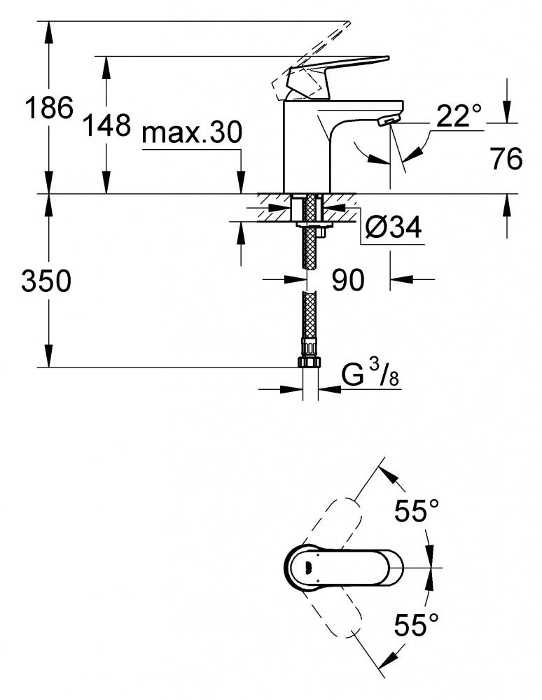 Смеситель Grohe Eurosmart Cosmopolitan для раковины 32824000 схема 2