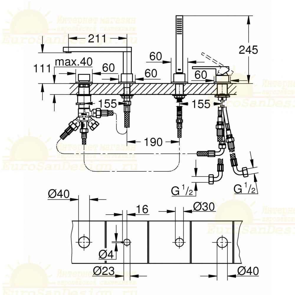 Смеситель Grohe Plus для ванны на борт 29307003 схема 3