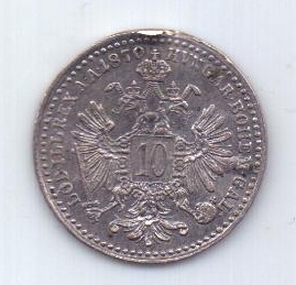 10 крейцеров 1870 года AUNC Редкий год Австрия