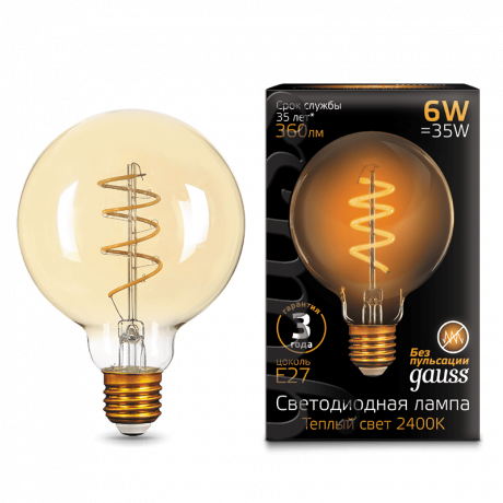 Лампа Gauss LED Filament G95 Flexible E27 6W Golden 2400К