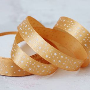 Лента атласная 15 мм Золотая со звездами