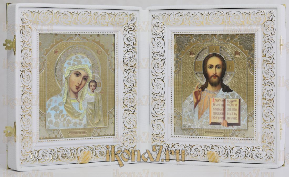 Складень большой 25 Казанская-Спаситель (белая экокожа)