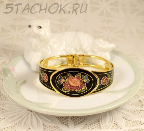 Браслет "Цветы и бабочки на черном" клуазоне (Тайвань/Китай)