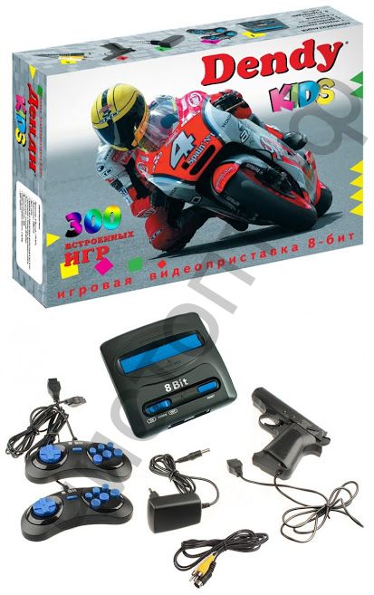 Игровая приставка Dendy Kids 300 в 1 (9р) (конс.с 300 встр.играми.,2джой.,свет.пист.,бл.пит.,каб.TV) Денди