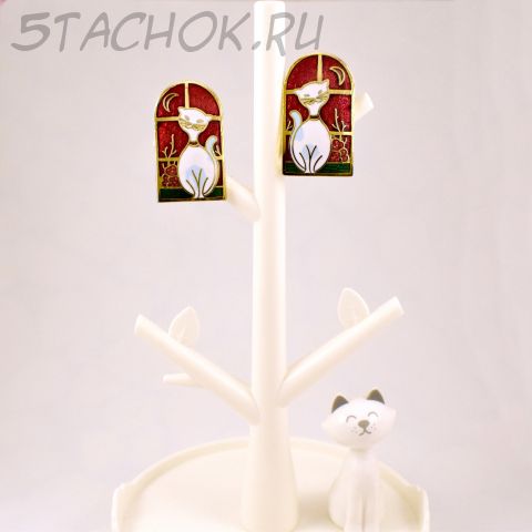 Серьги-гвоздики "Кошечка у окошечка" (Тайвань)