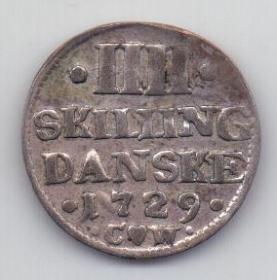 4 скиллинга 1729 года Редкий год Дания
