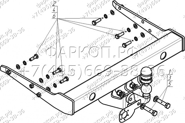 Фаркоп "Motodor" с оцинкованным шаром Volkswagen Transporter T5 фургон 2003-2015, T6 2015-, Volswagen Caravelle T5 2003-2015, T6 2015-, Volswagen Multivan T5 2003-2015, T6 2015- фланцевое крепление шара