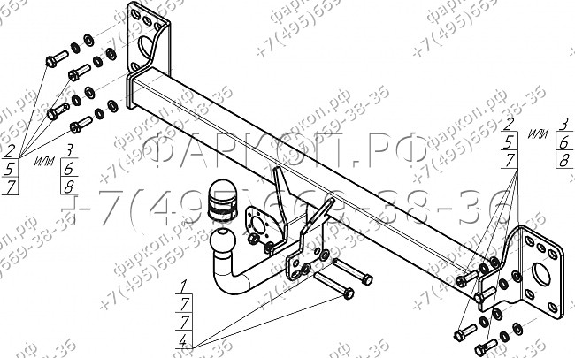 Фаркоп "Motodor" с оцинкованным шаром Audi Q7 2007-2015, Volkswagen Touareg 2002-2010, 2010-2018 Необходима подрезка бампера. Тип шара: A. Нагрузки: 1500/75 кг